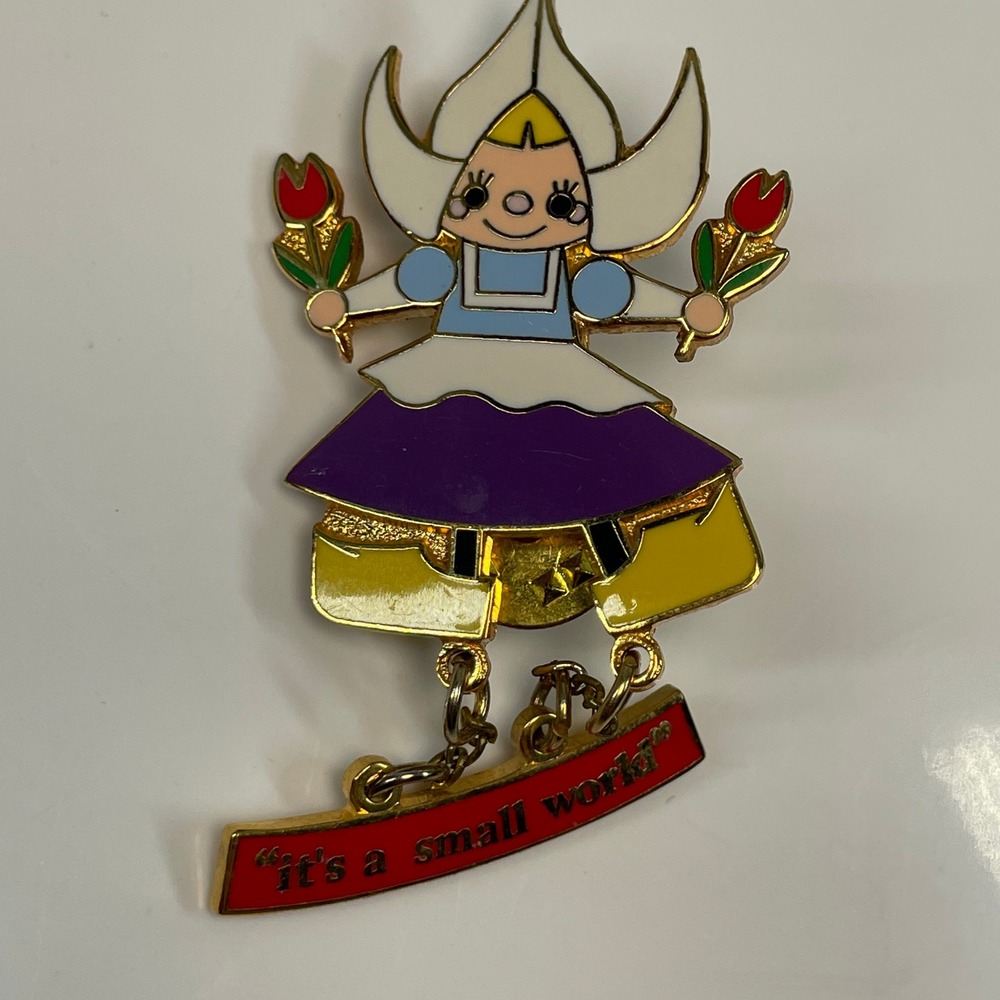 Disney It's a Small World Holland Dutch Girl Dangle Vintage Enamel Pin Gold